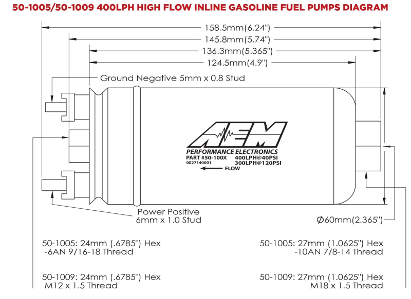 AEM 400LPH High Pressure Inline Fuel Pump - M18x1.5 Female Inlet to M12x1.5 Male Outlet